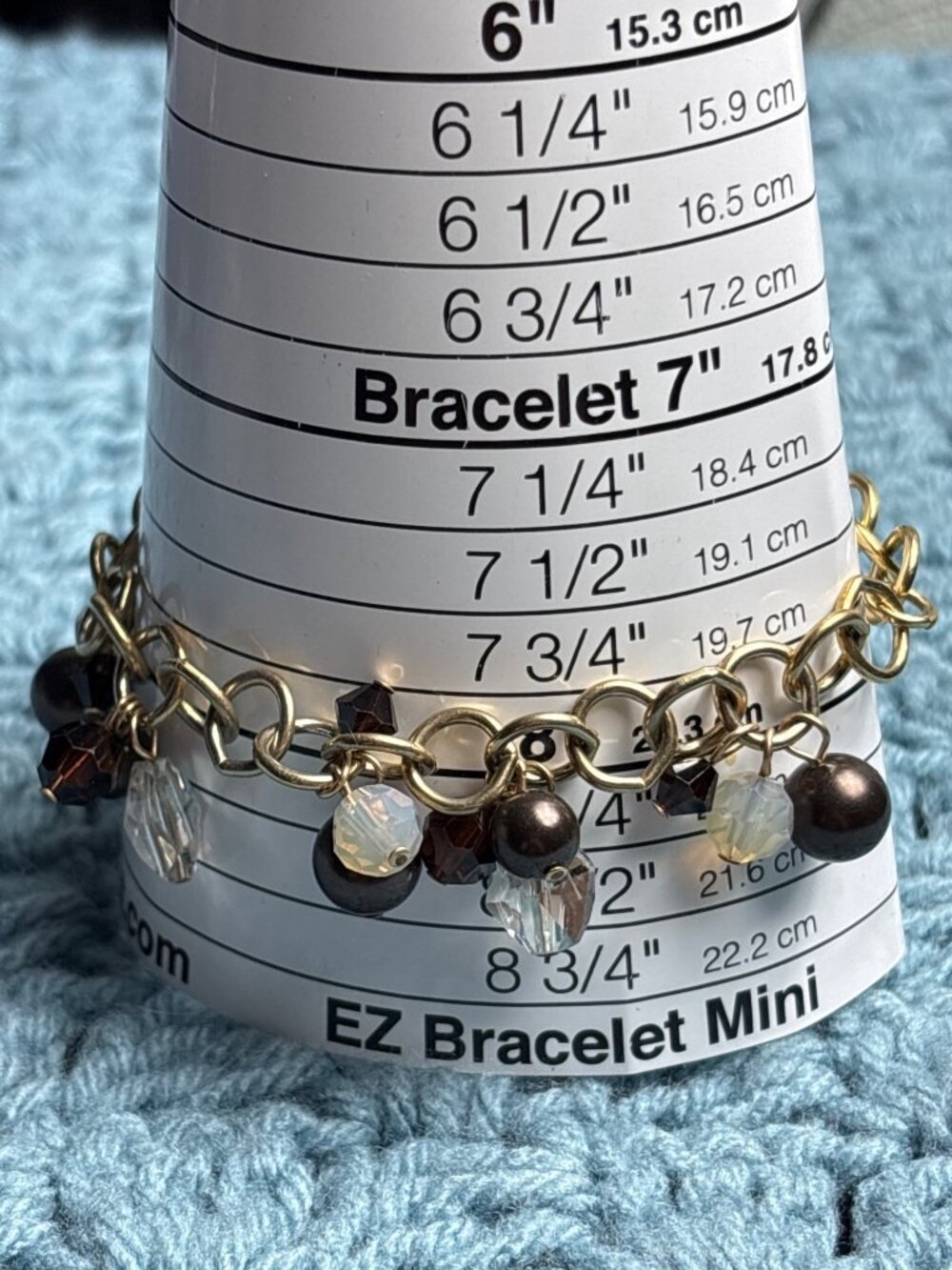 Emily Ray Glass Bead Dangle Charm Bracelet Goldtone Chain Brown Clear 8 inches